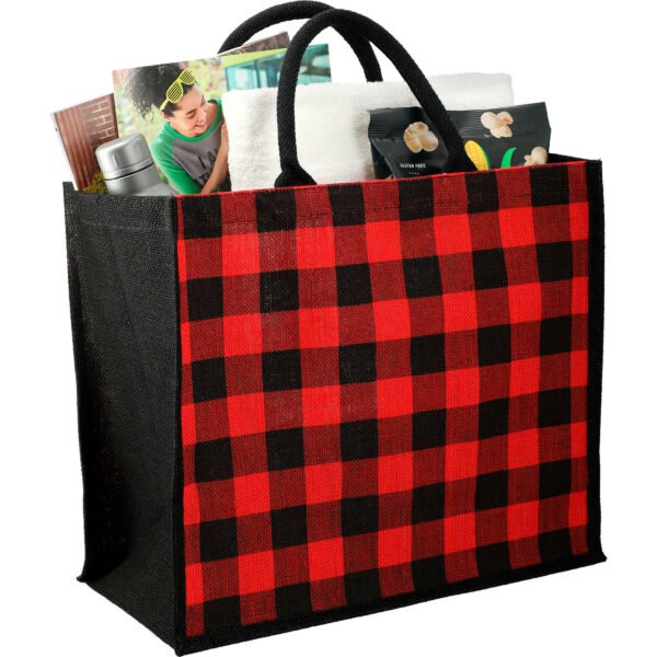 Buffalo Plaid Printed Jute Tote - Image 3