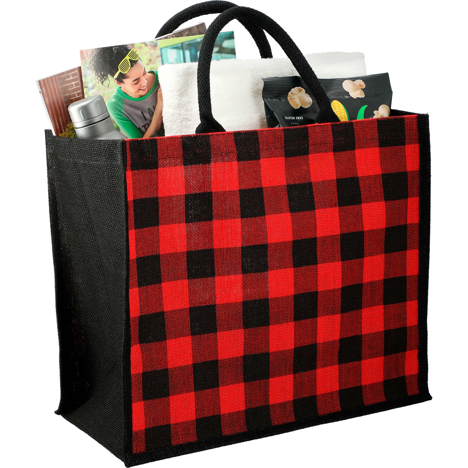 Buffalo Plaid Printed Jute Tote - Image 3
