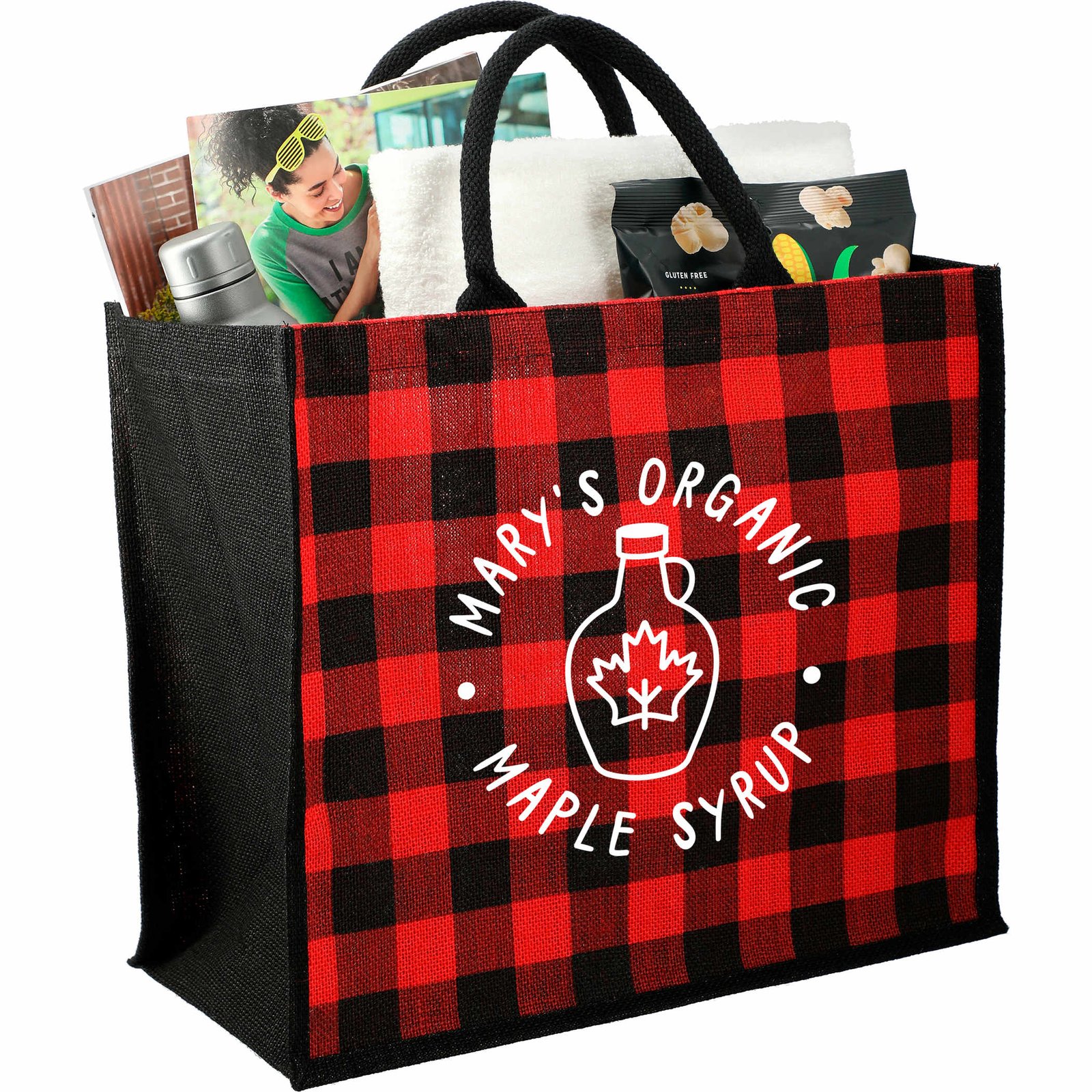 Buffalo Plaid Printed Jute Tote - Image 4