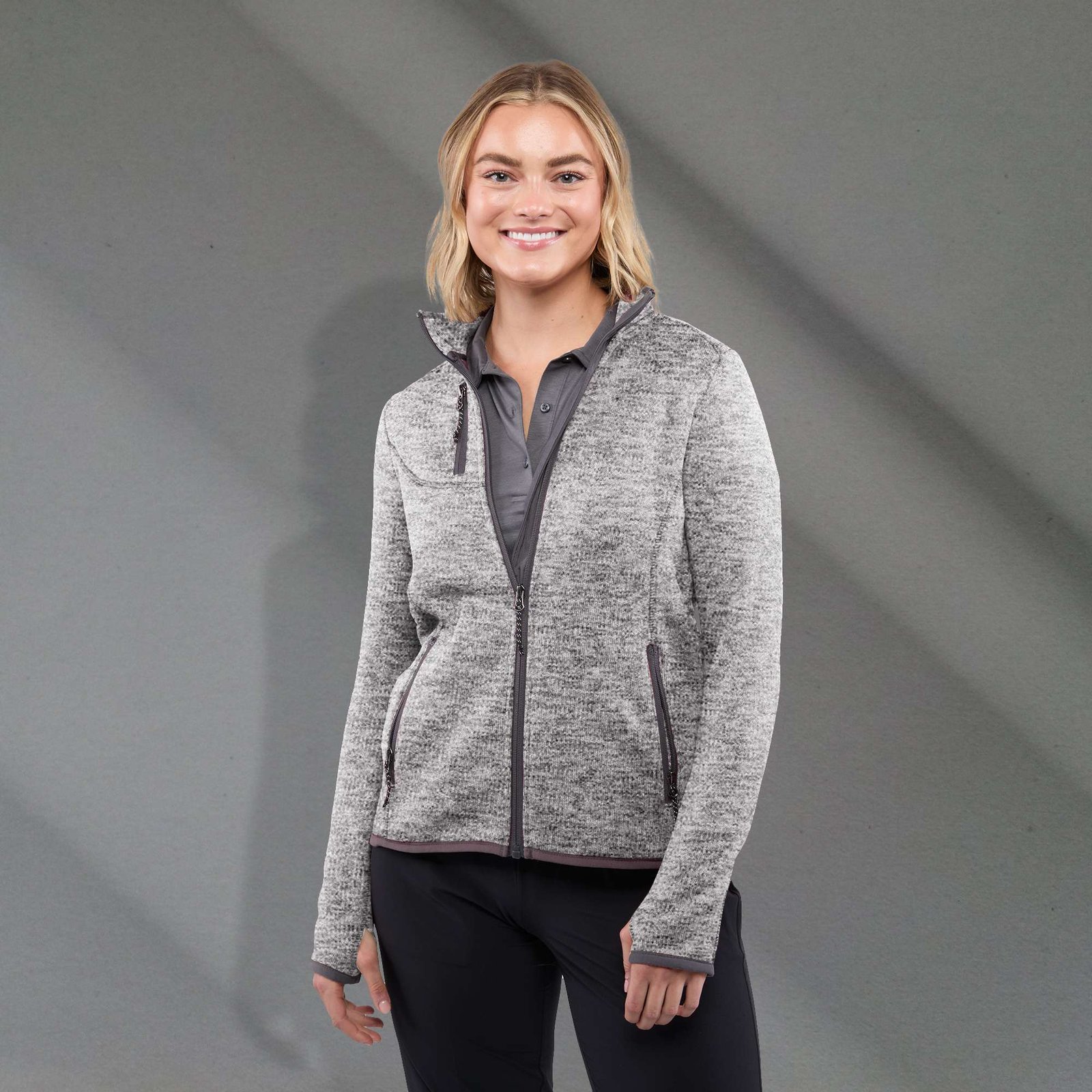 TM98610_922_B_FR_ONL_GRAY Women's TREMBLANT Sweater Knit Full Zip Jacket with Thumb Holes - Image 1