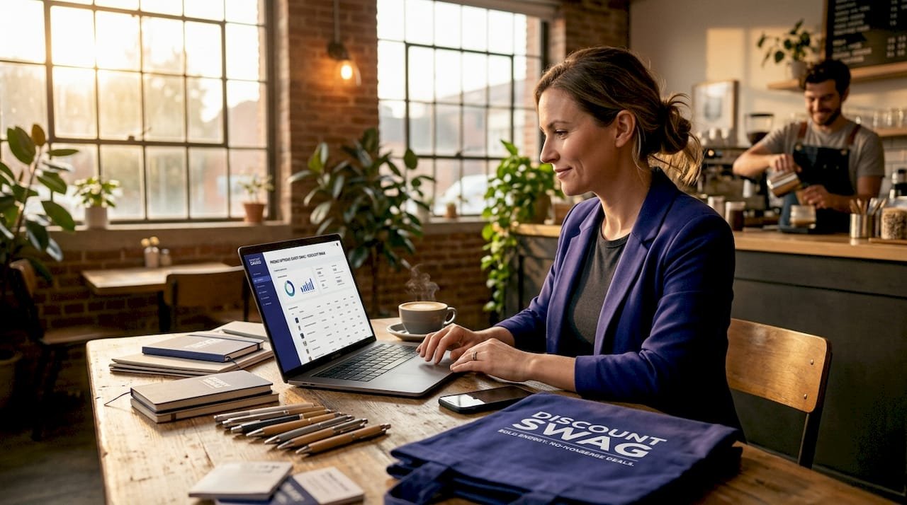 Marketing manager reviews branded product samples