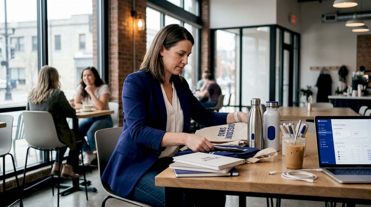 Professional sorting branded swag in open office