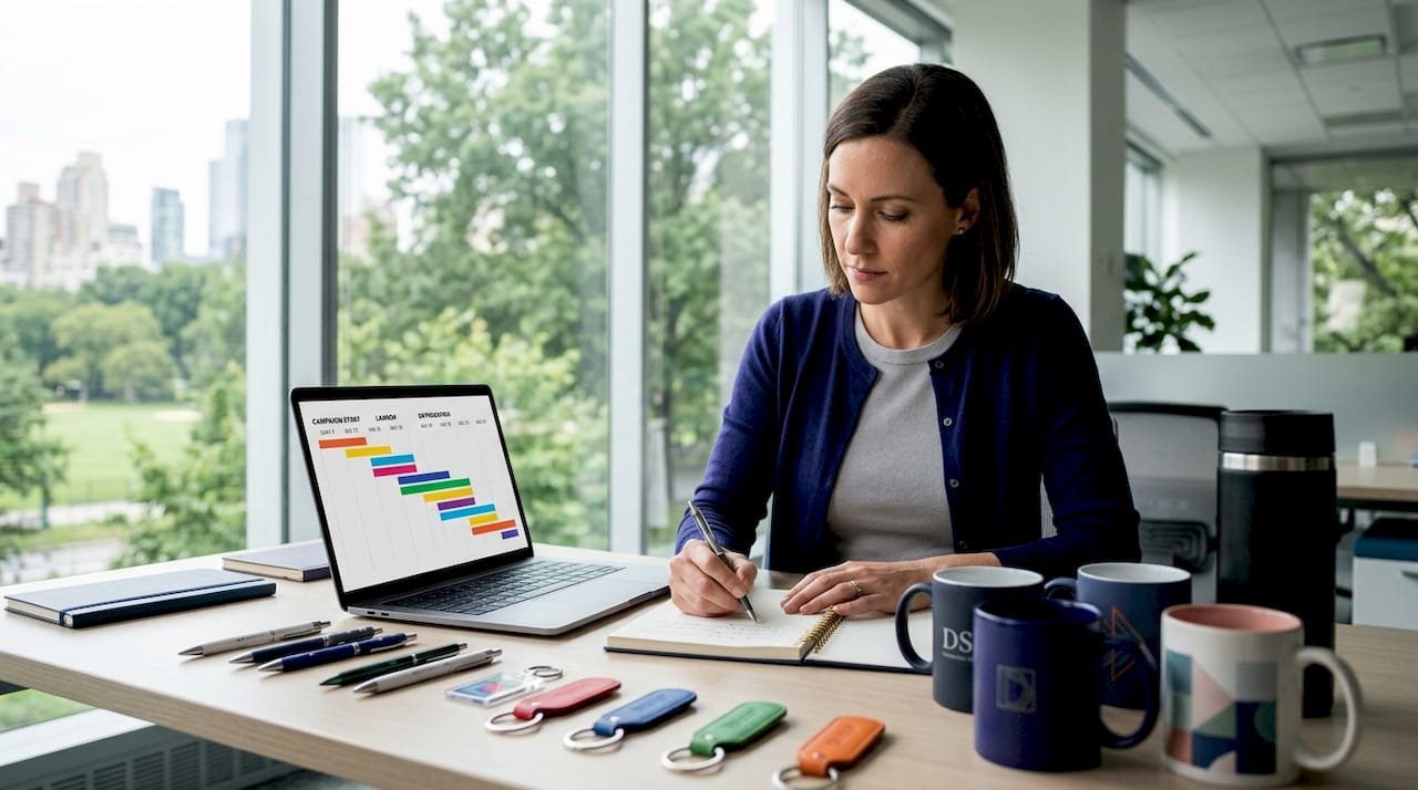 Marketer reviewing promo items at open workspace desk