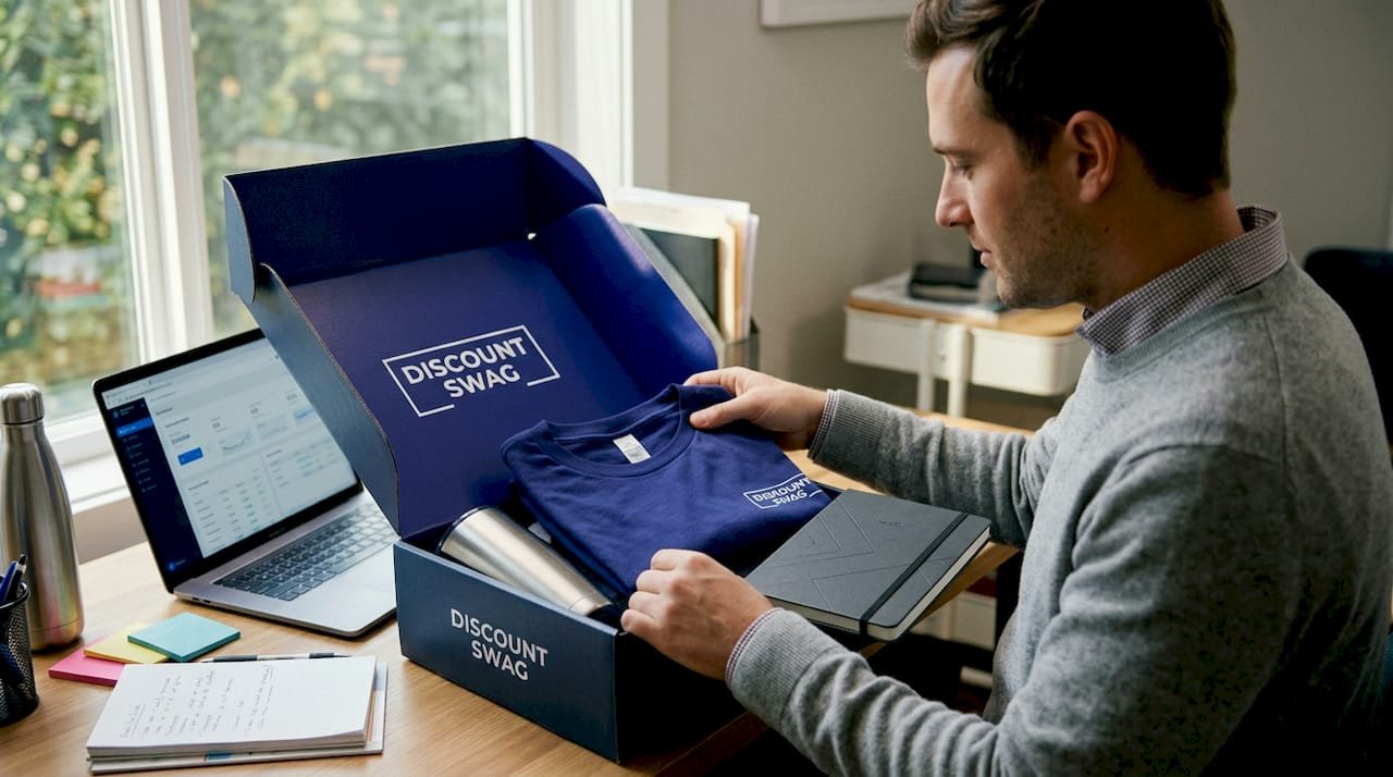 Marketing manager opening branded swag box