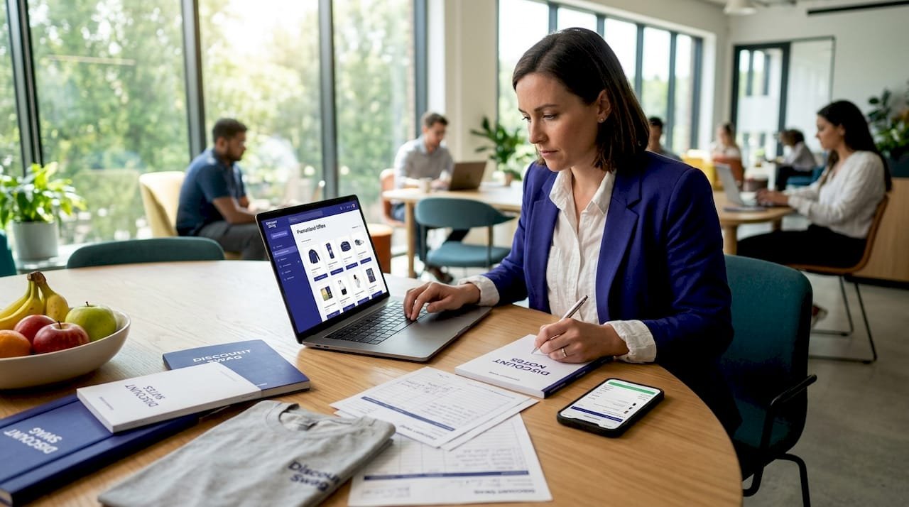 Manager reviewing promotional product samples at office table