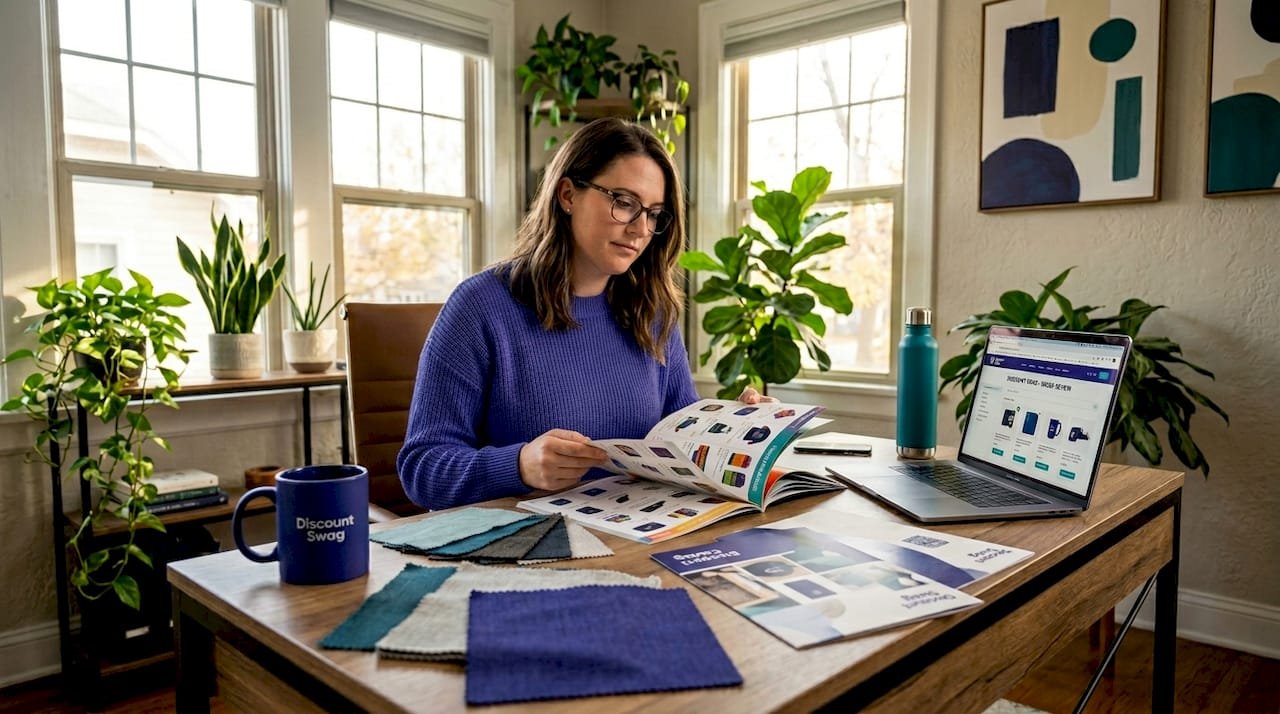 Marketing manager reviewing custom promotional products on desk