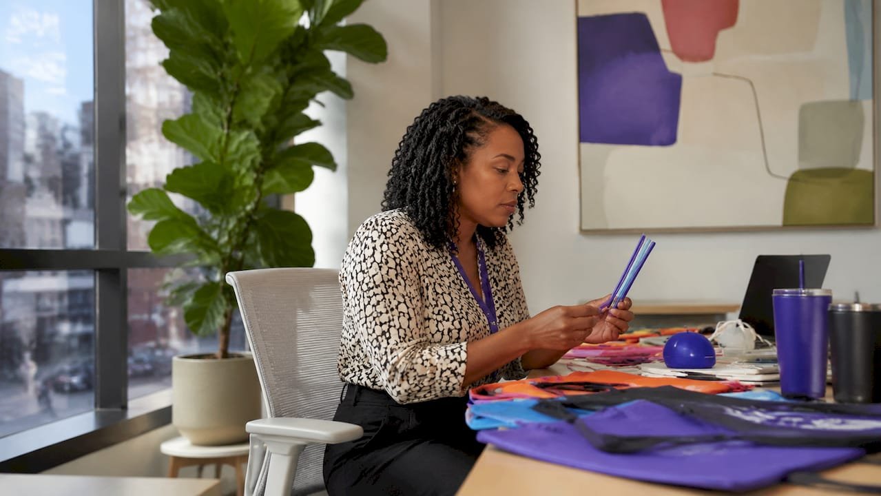 Marketing manager reviewing promotional products