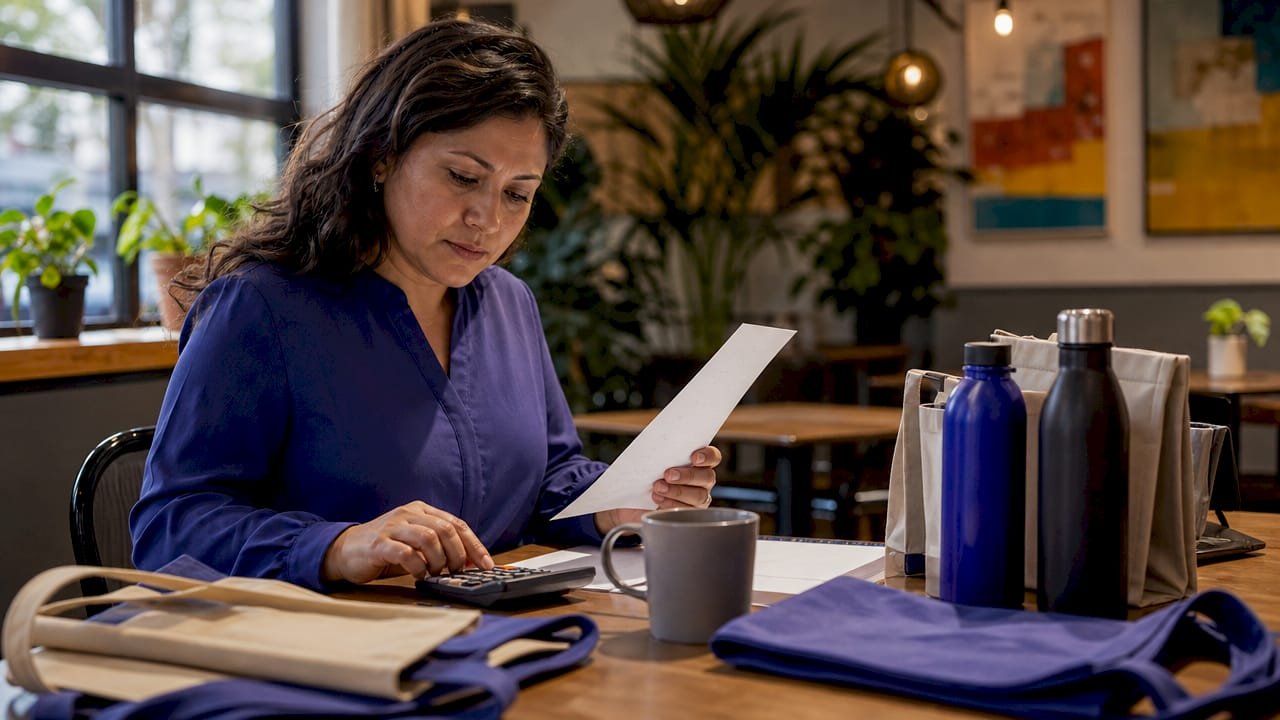 Marketing manager calculating cost per impression at desk