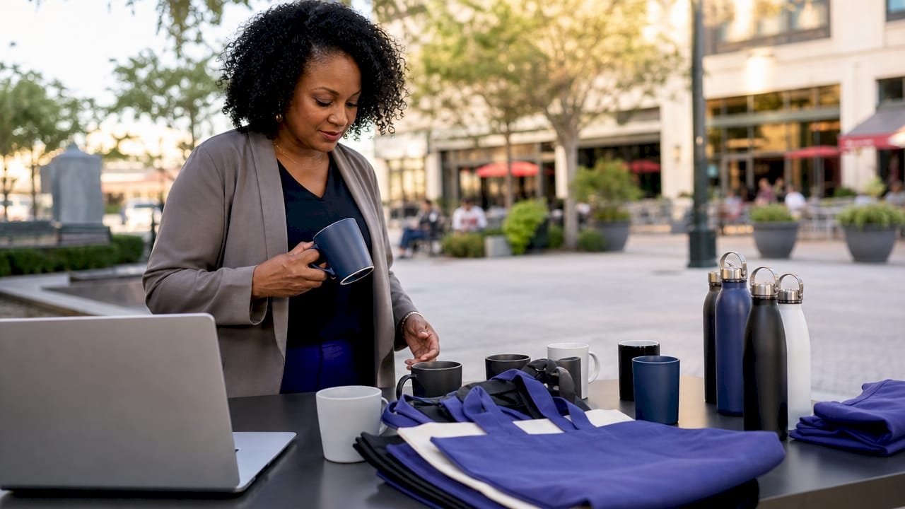 Woman sorting branded marketing giveaway items