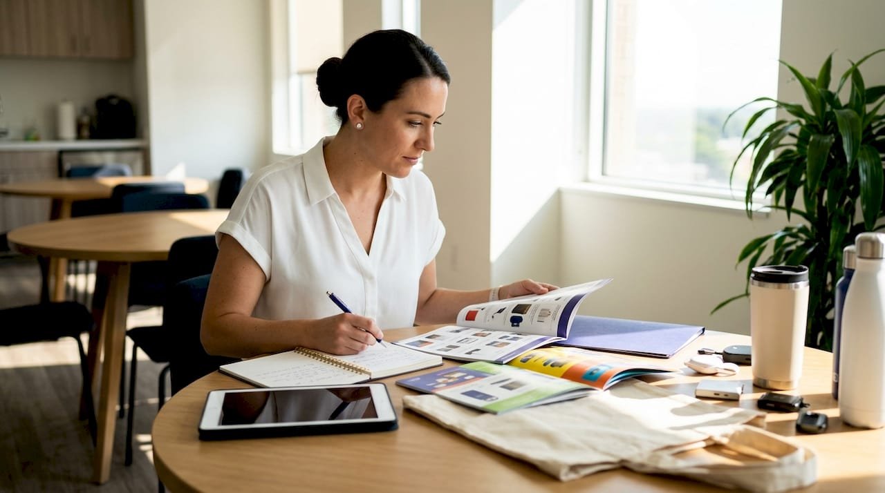 Procurement specialist reviewing promotional product catalogs