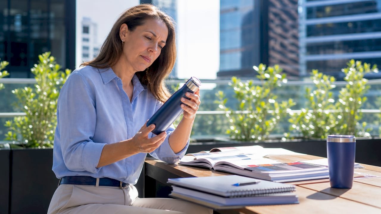 Buyer examining promotional product sample at meeting table