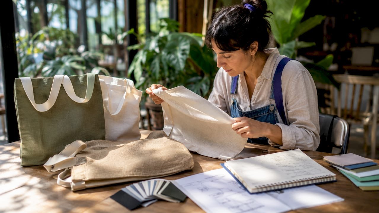 Marketing professional reviewing branded tote bag samples