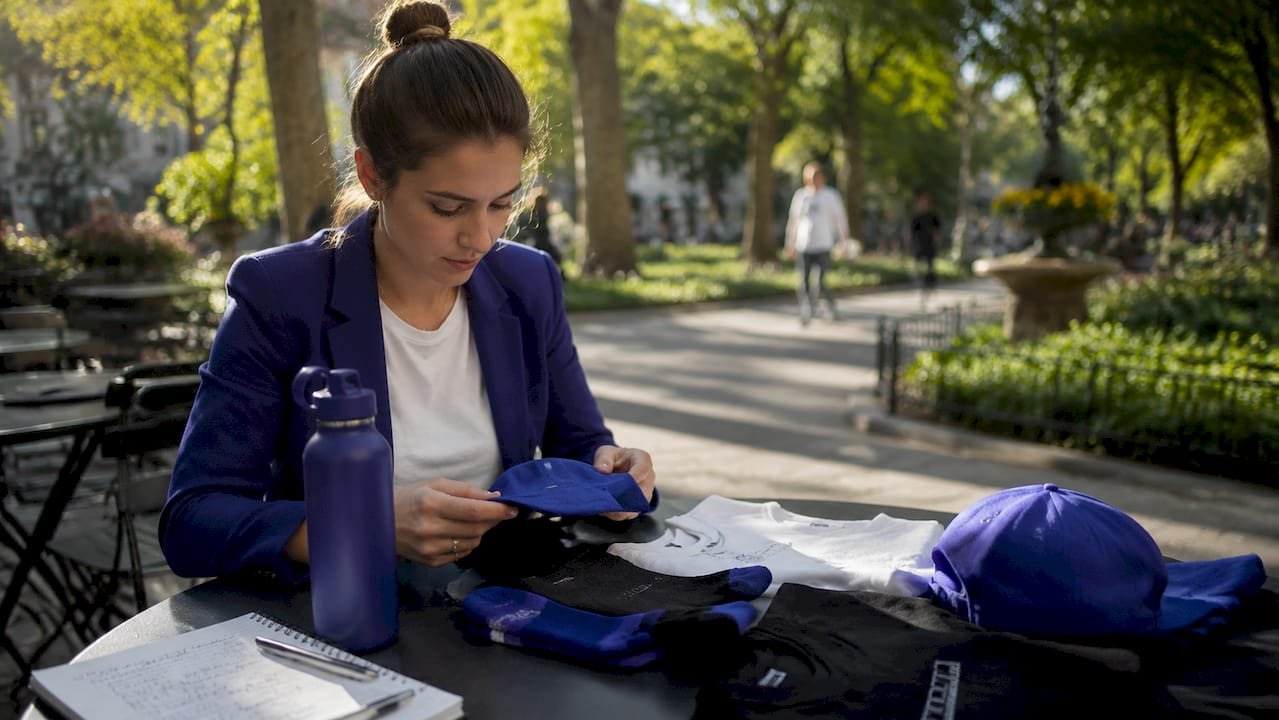 Brand manager reviewing wearable promotional products