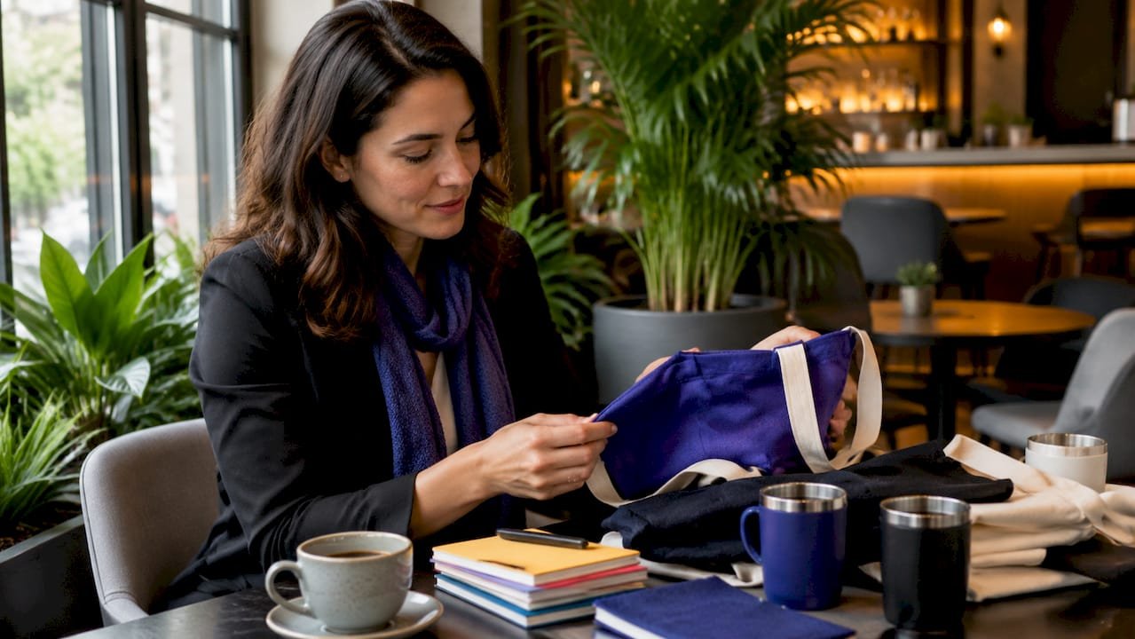 Event planner reviewing branded merchandise samples