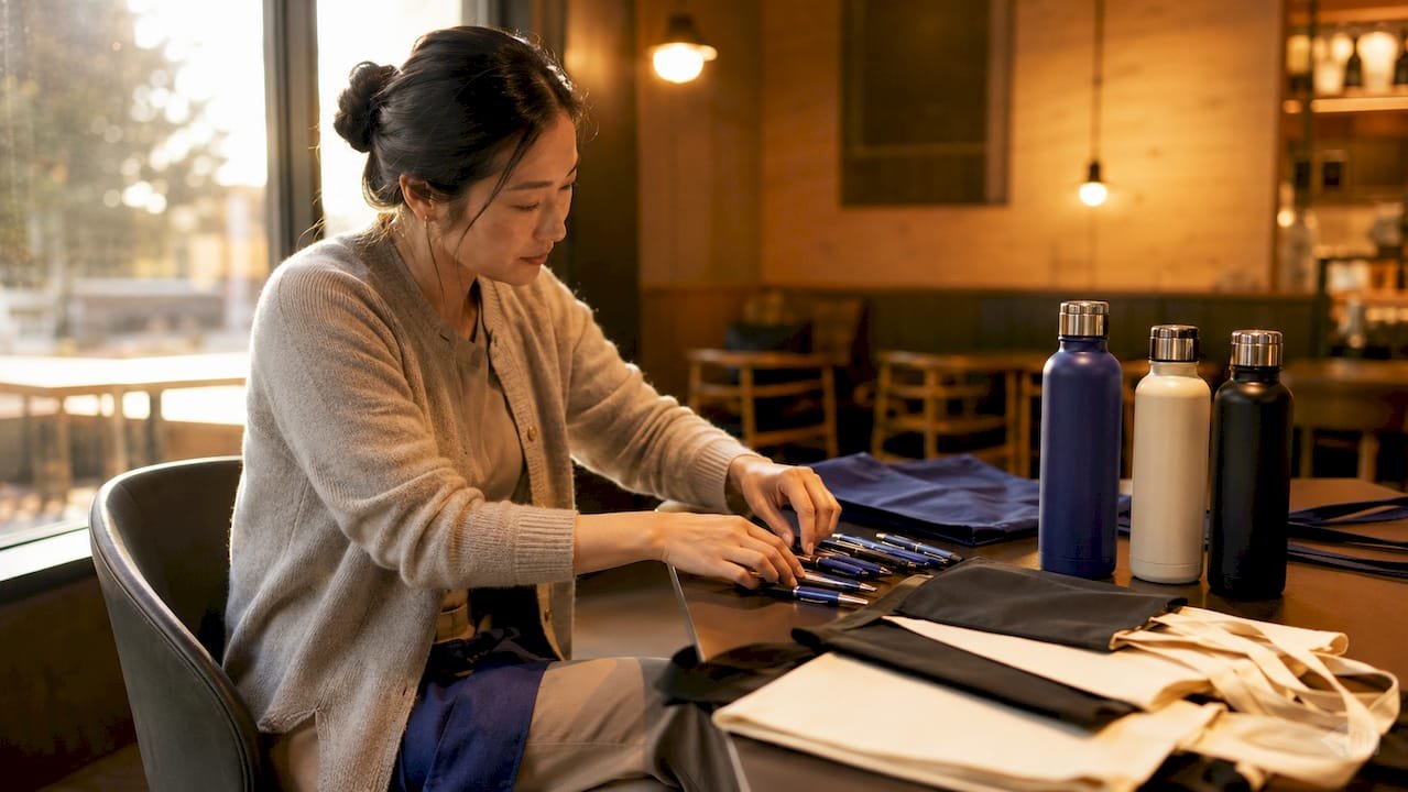 Person reviewing promotional merchandise and brand guidelines