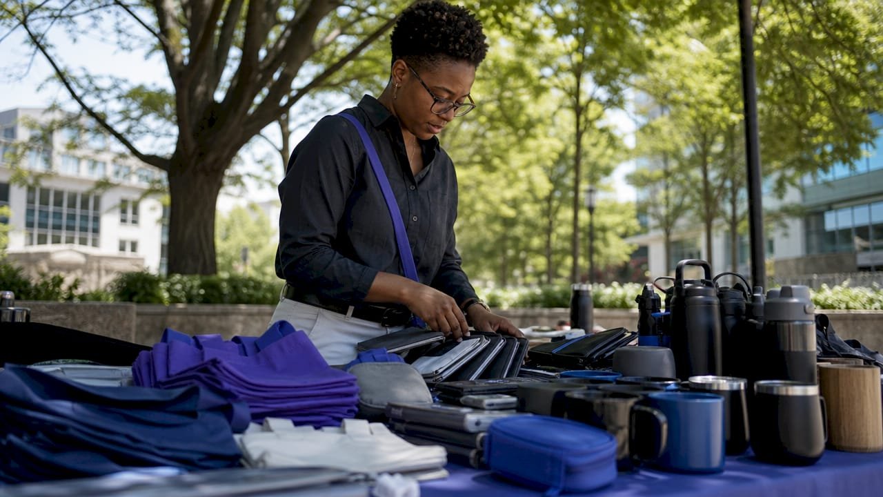 Marketer sorting branded swag samples at desk