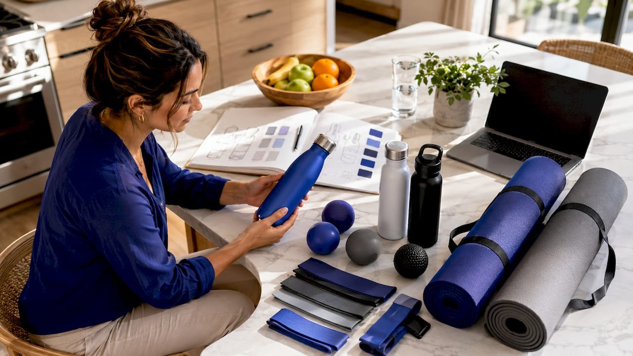 Marketer arranging wellness promotional items