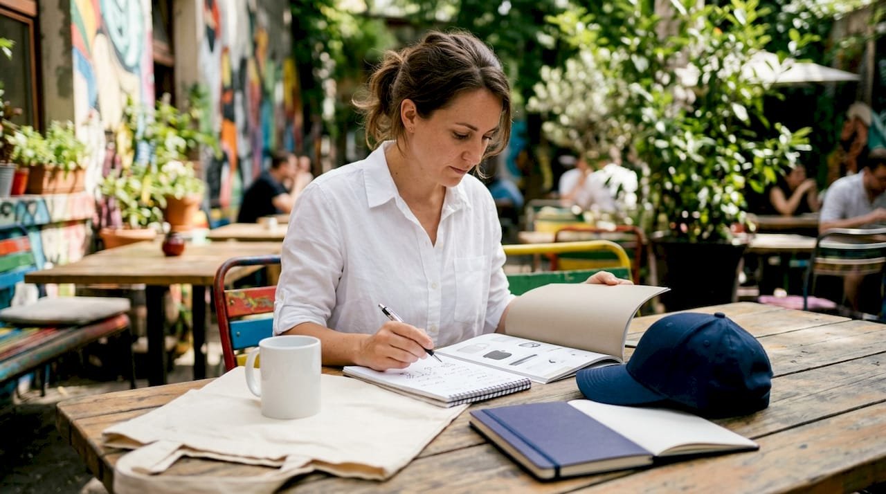 Person reviewing corporate promotional product samples