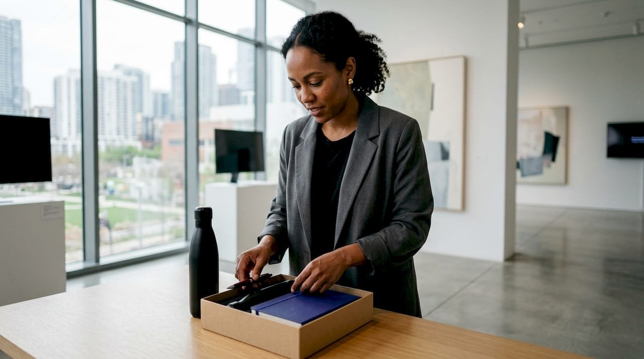 Marketer assembling promotional product bundle at desk