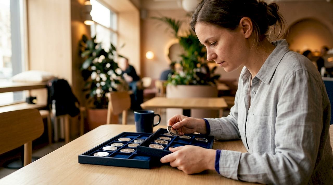 Person inspecting limited edition branded coins