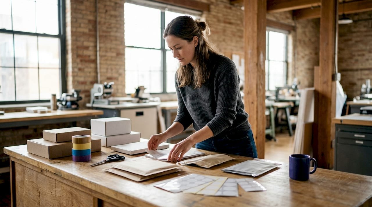Marketer examining product packaging samples