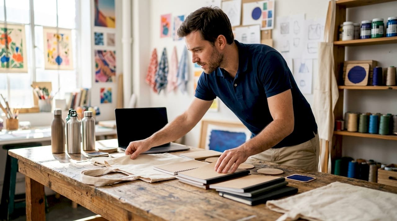 Marketer reviewing promotional product samples at a conference table