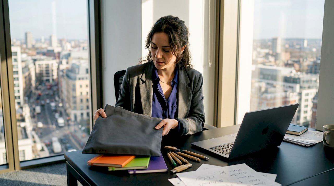Woman examining promotional gifts at office desk