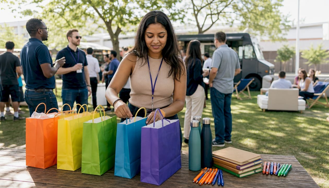 Woman organizing conference swag bags on table