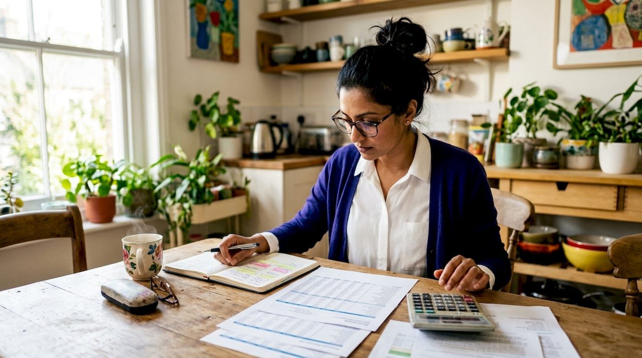 Marketer reviewing printed promotional budget sheets