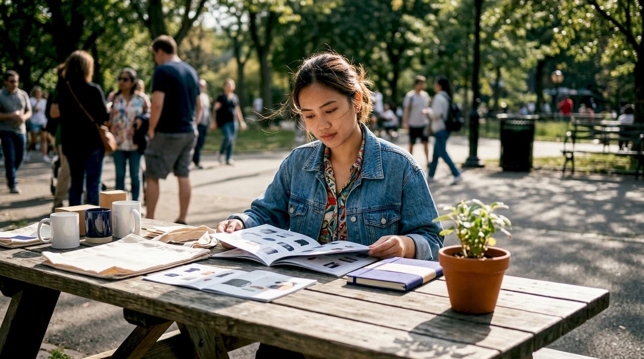 Woman browsing custom promotional product catalogs