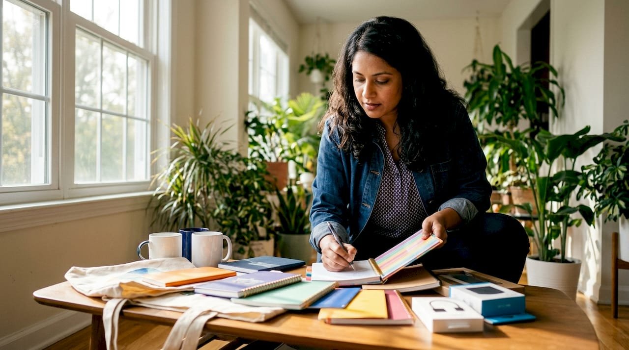 Marketer reviewing promotional drop shipping samples