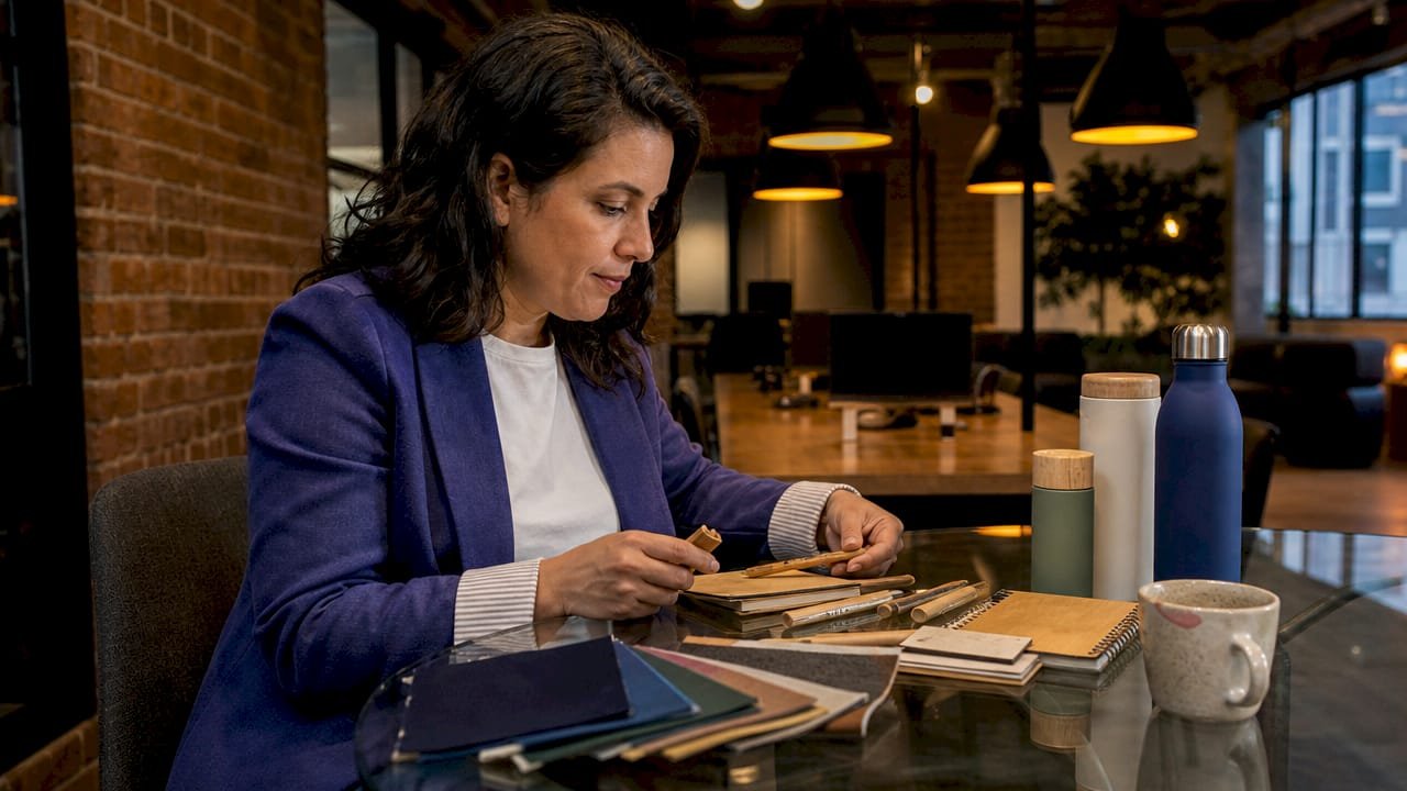 Marketer reviewing sustainable promotional products