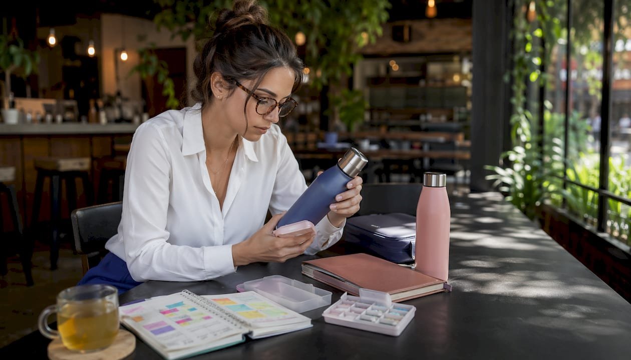 Marketing professional evaluating branded health products
