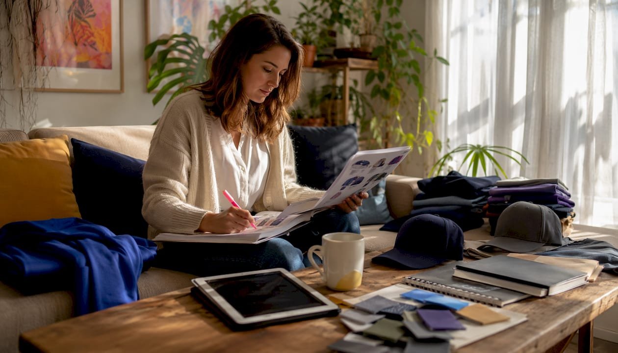 Marketing manager reviewing department swag samples