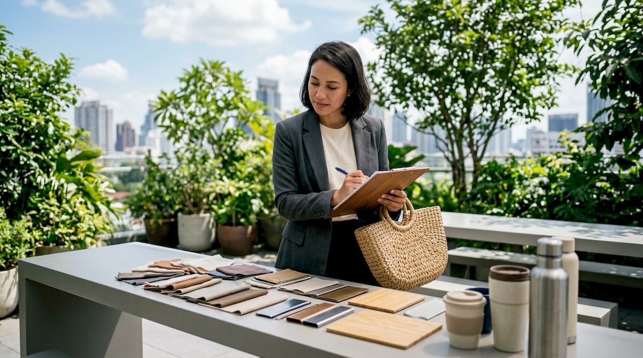 Product manager evaluating branded merchandise materials