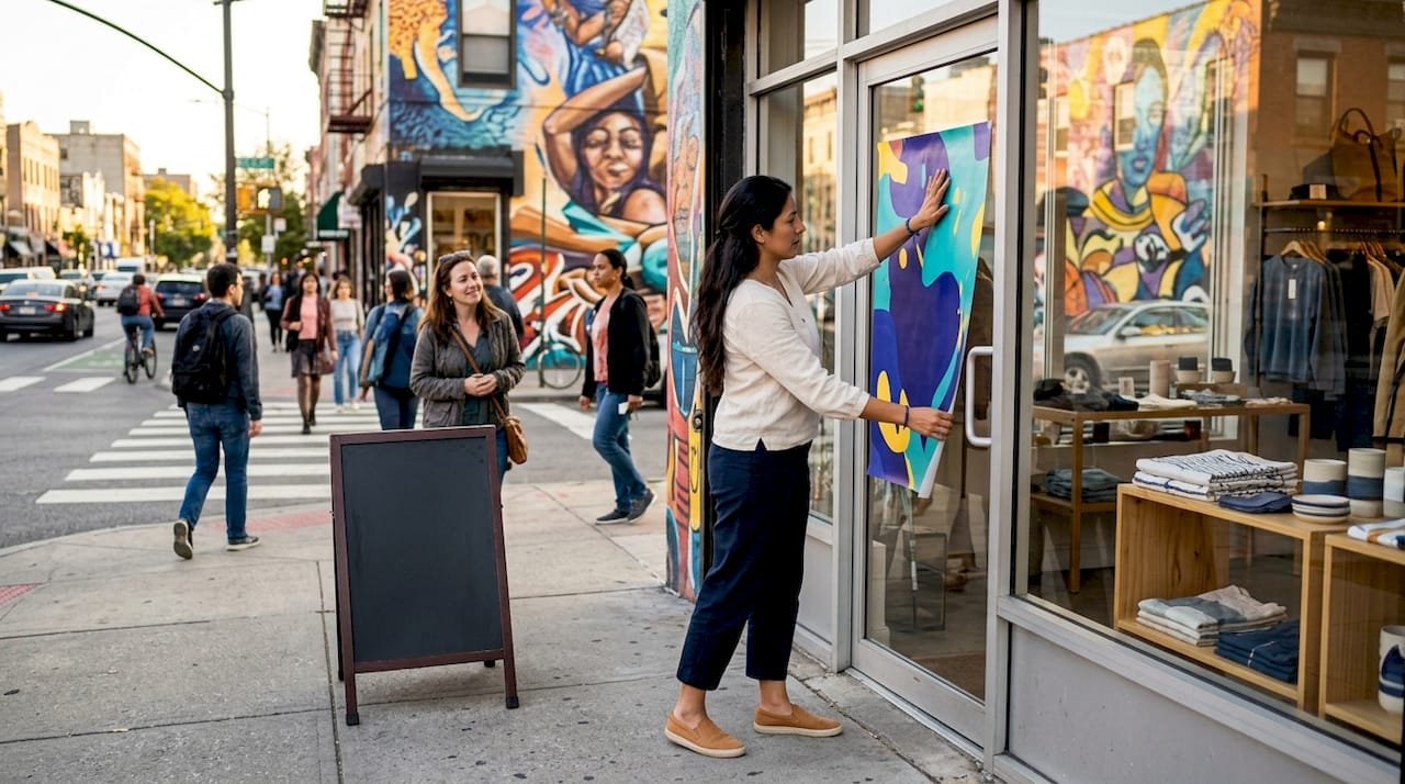 Business owner placing promotional poster on storefront window