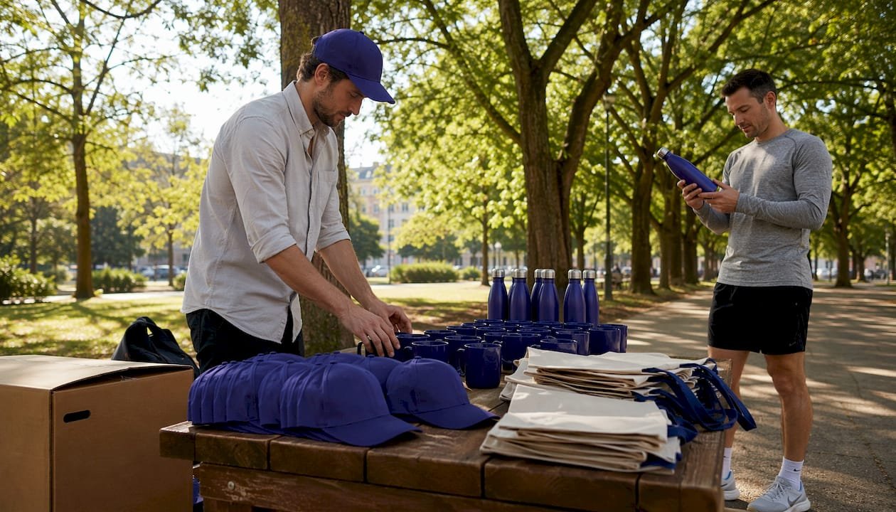 Event coordinator arranging branded merchandise