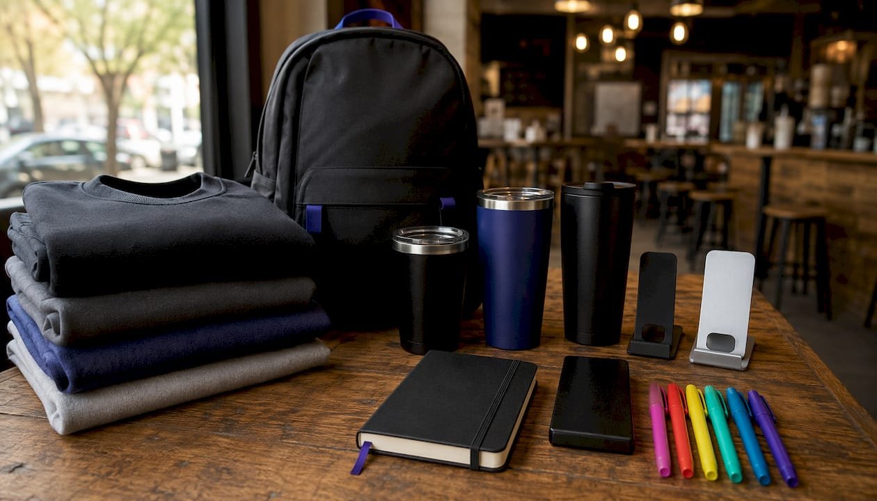 Flat lay of corporate event merchandise categories