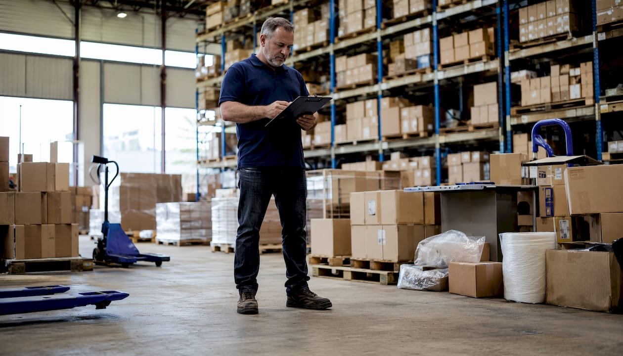Logistics manager inspecting merchandise inventory in warehouse