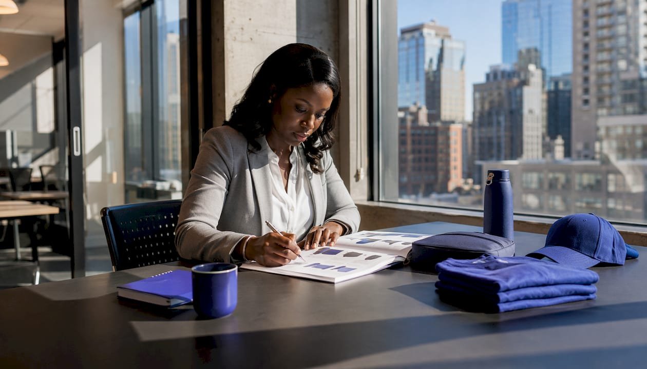 Procurement professional reviewing product catalog and samples