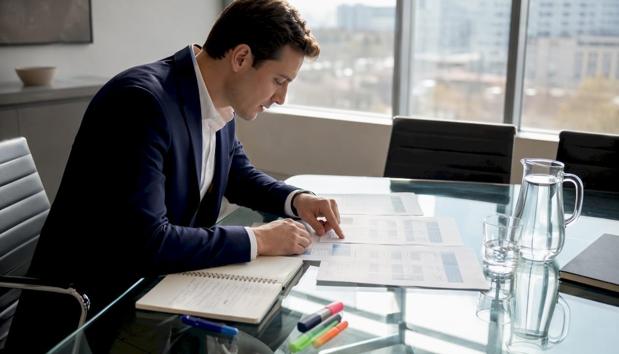 Procurement manager reviewing vendor bids in office