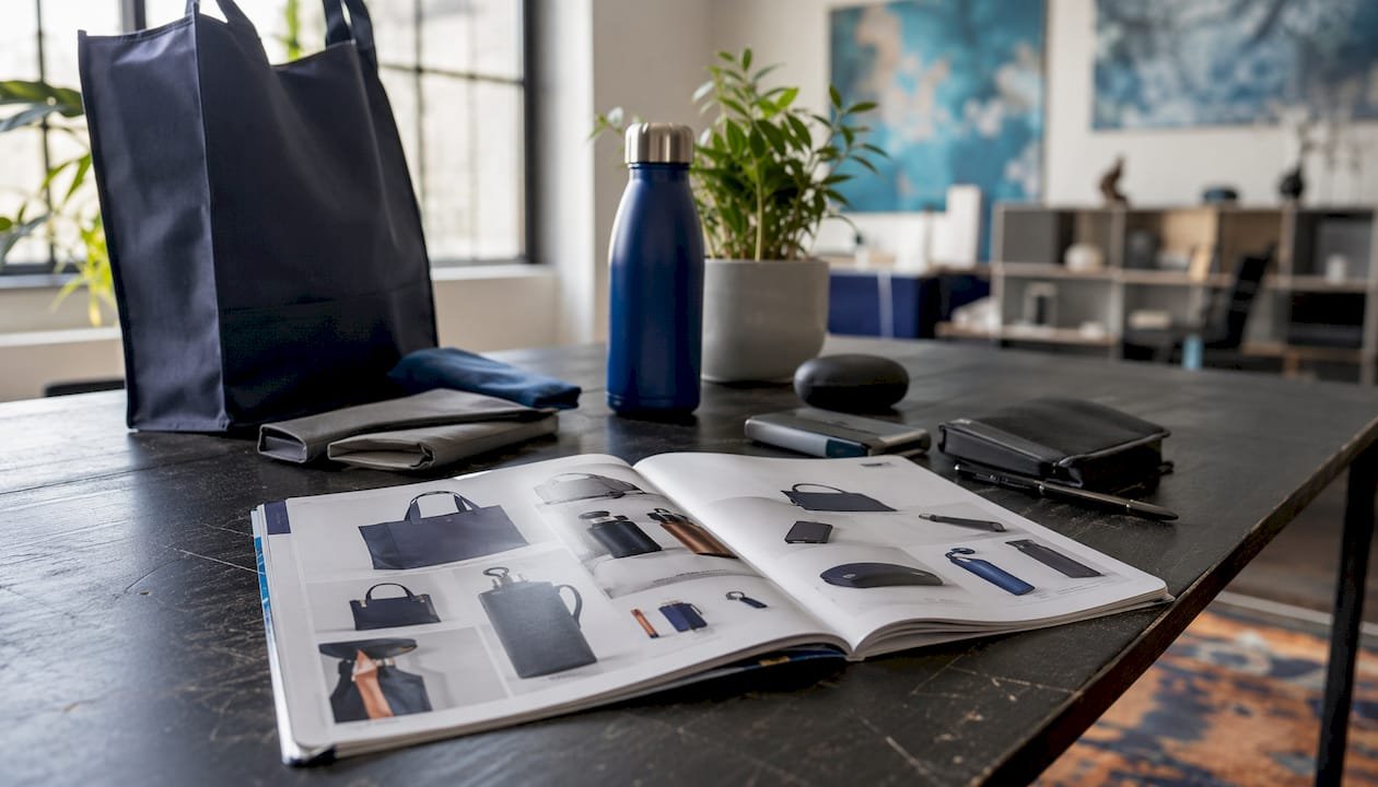 Open promotional product catalog with samples