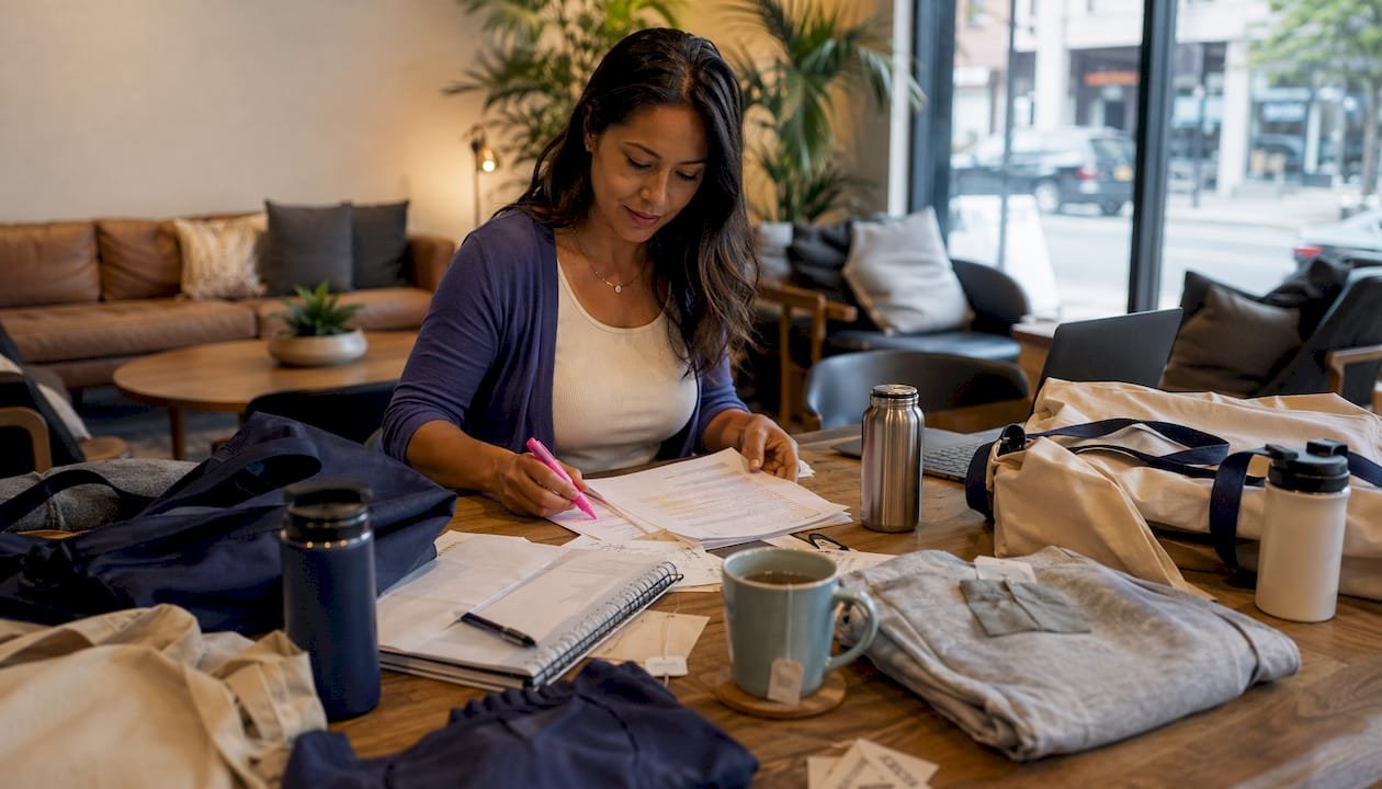 Woman organizing cause-related merchandise samples