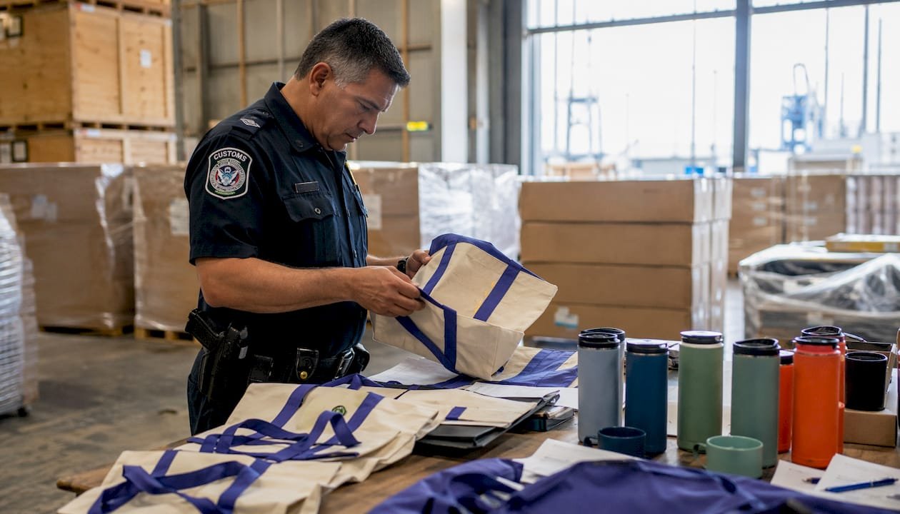 Customs officer inspecting promotional products