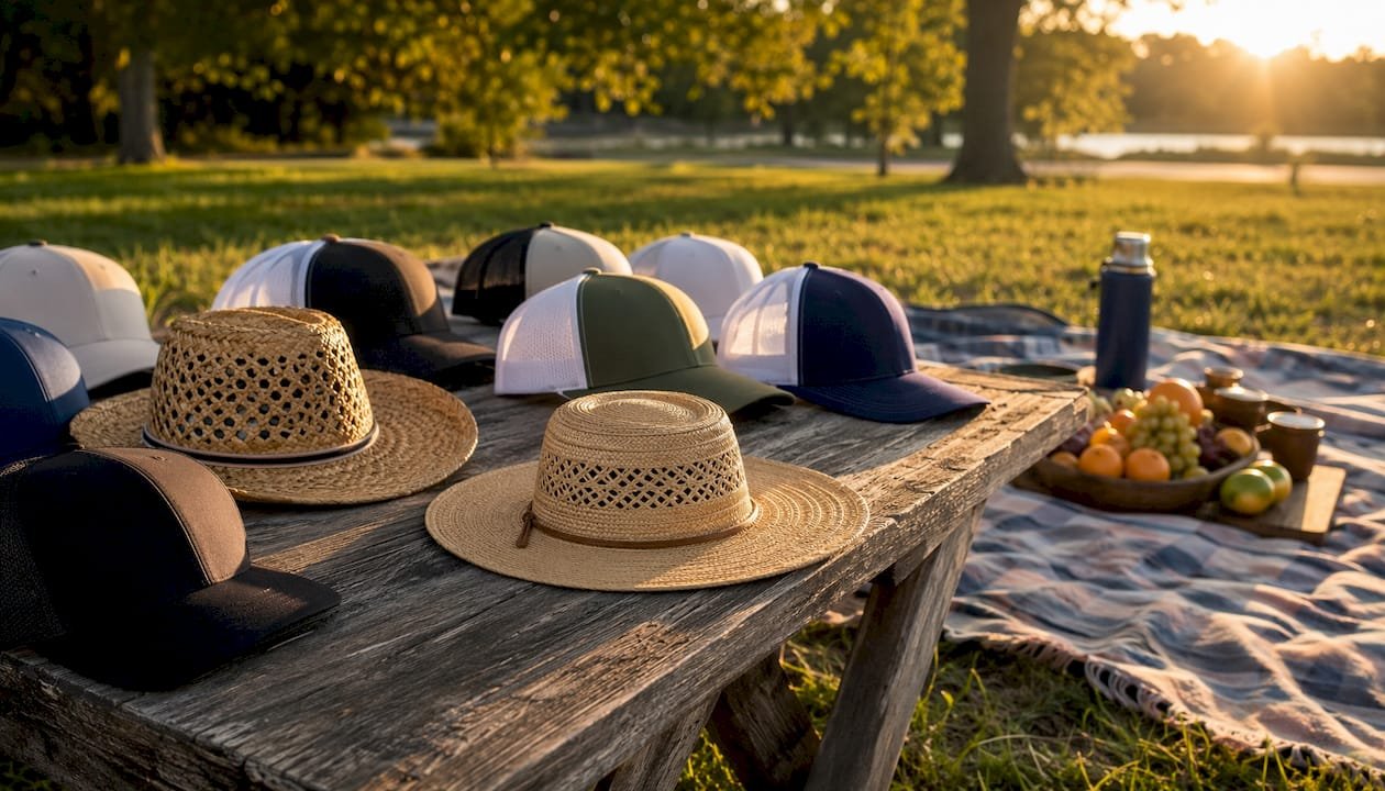 Overhead view of assorted promotional hats outdoors