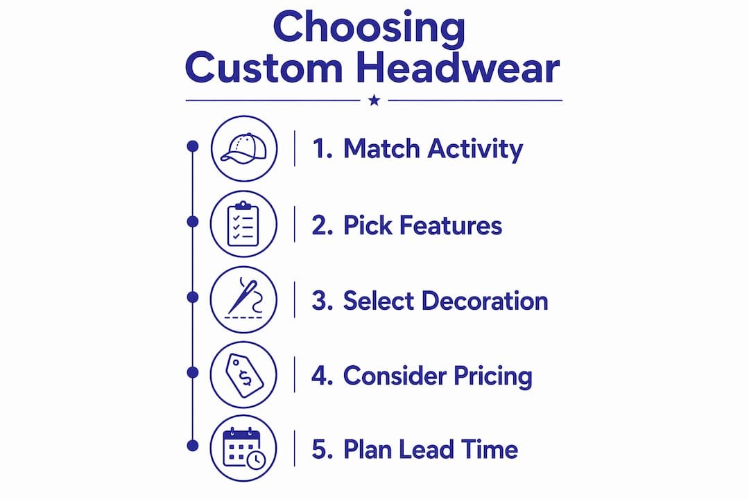 Infographic illustrating steps to select custom headwear