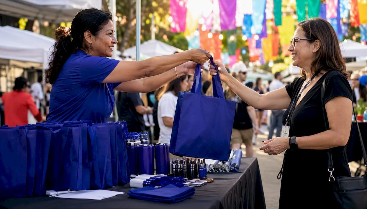 Woman giving trade show tote bag to attendee