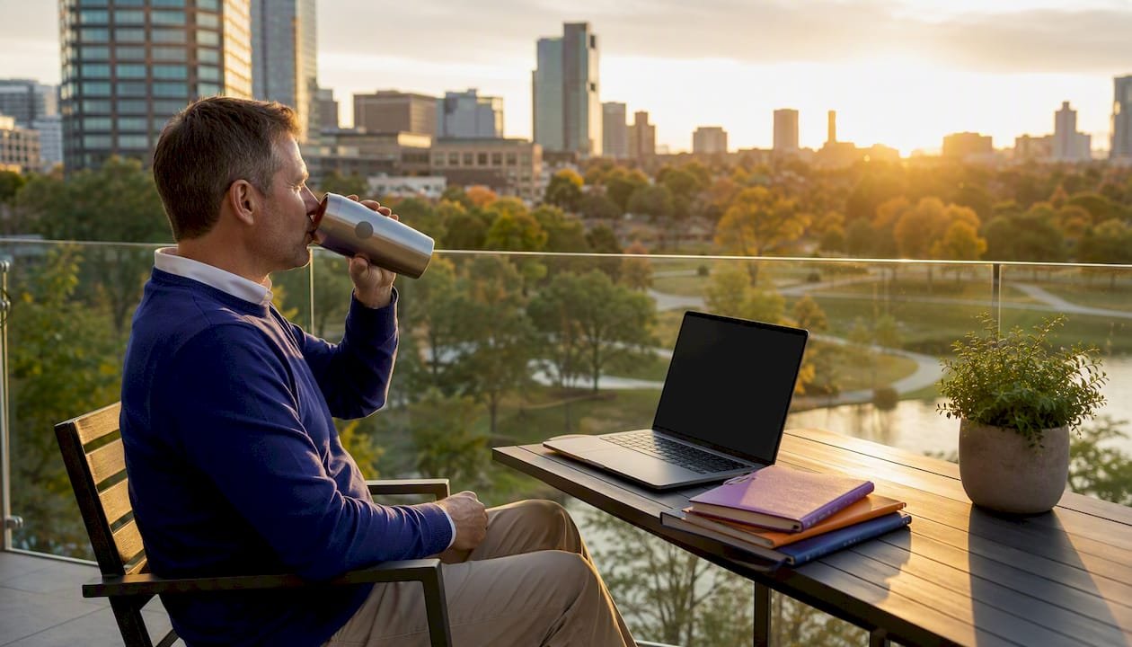 Man drinking from insulated stainless tumbler