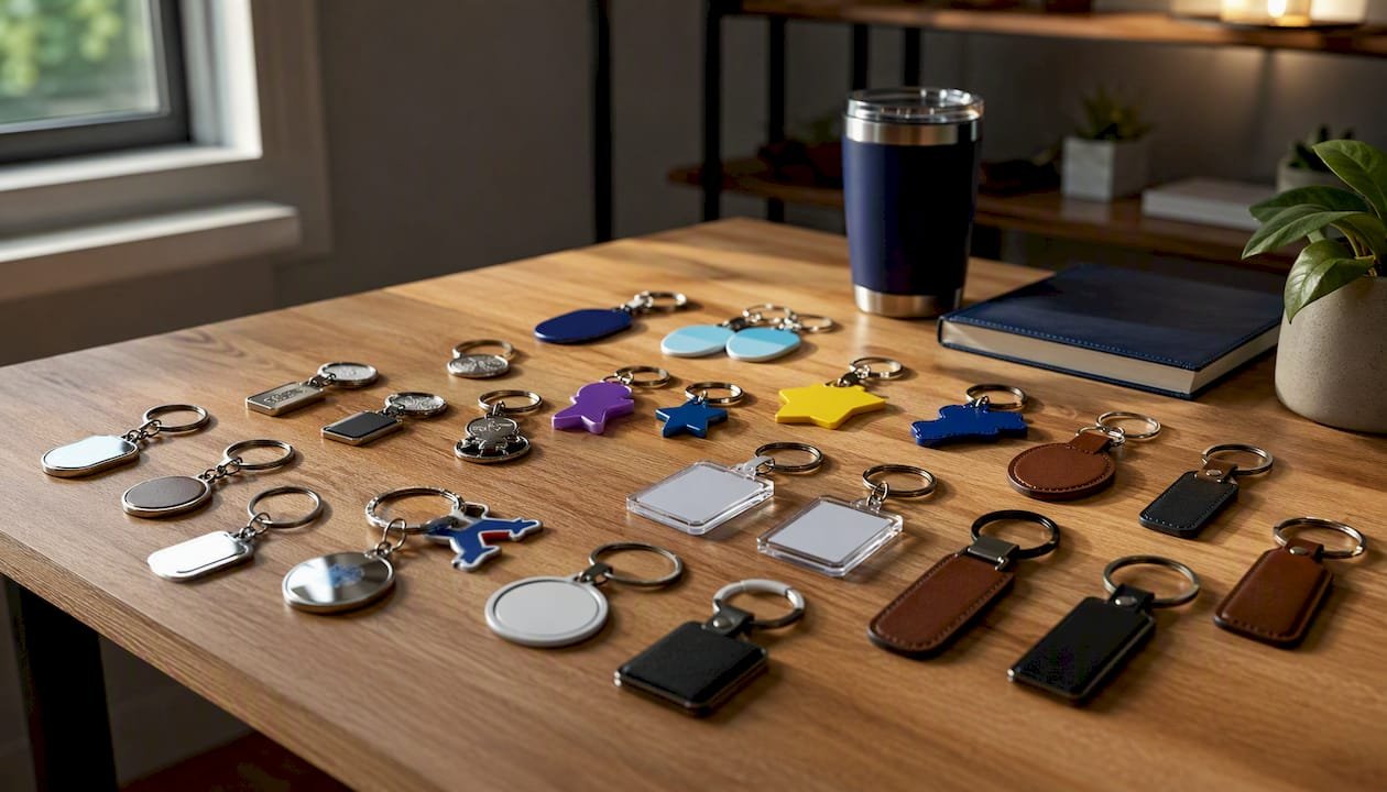 Close-up of assorted promotional keychains