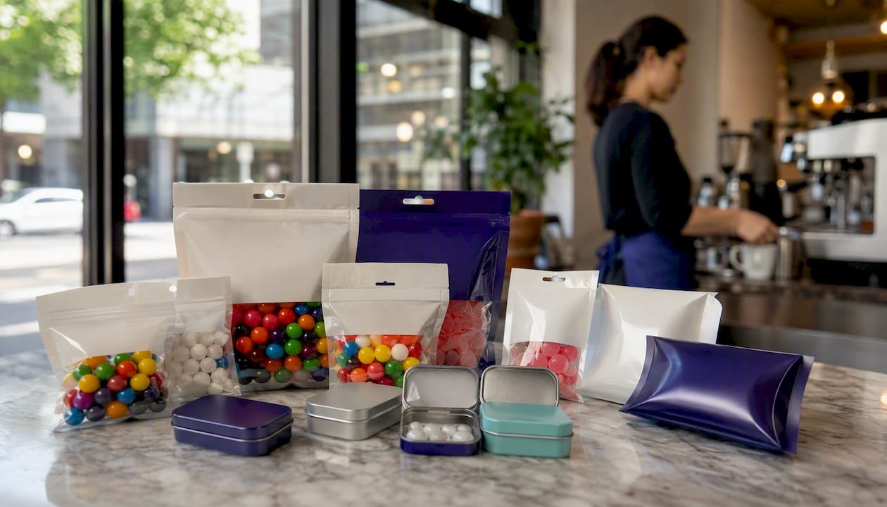 Close-up of assorted promotional candy packaging samples